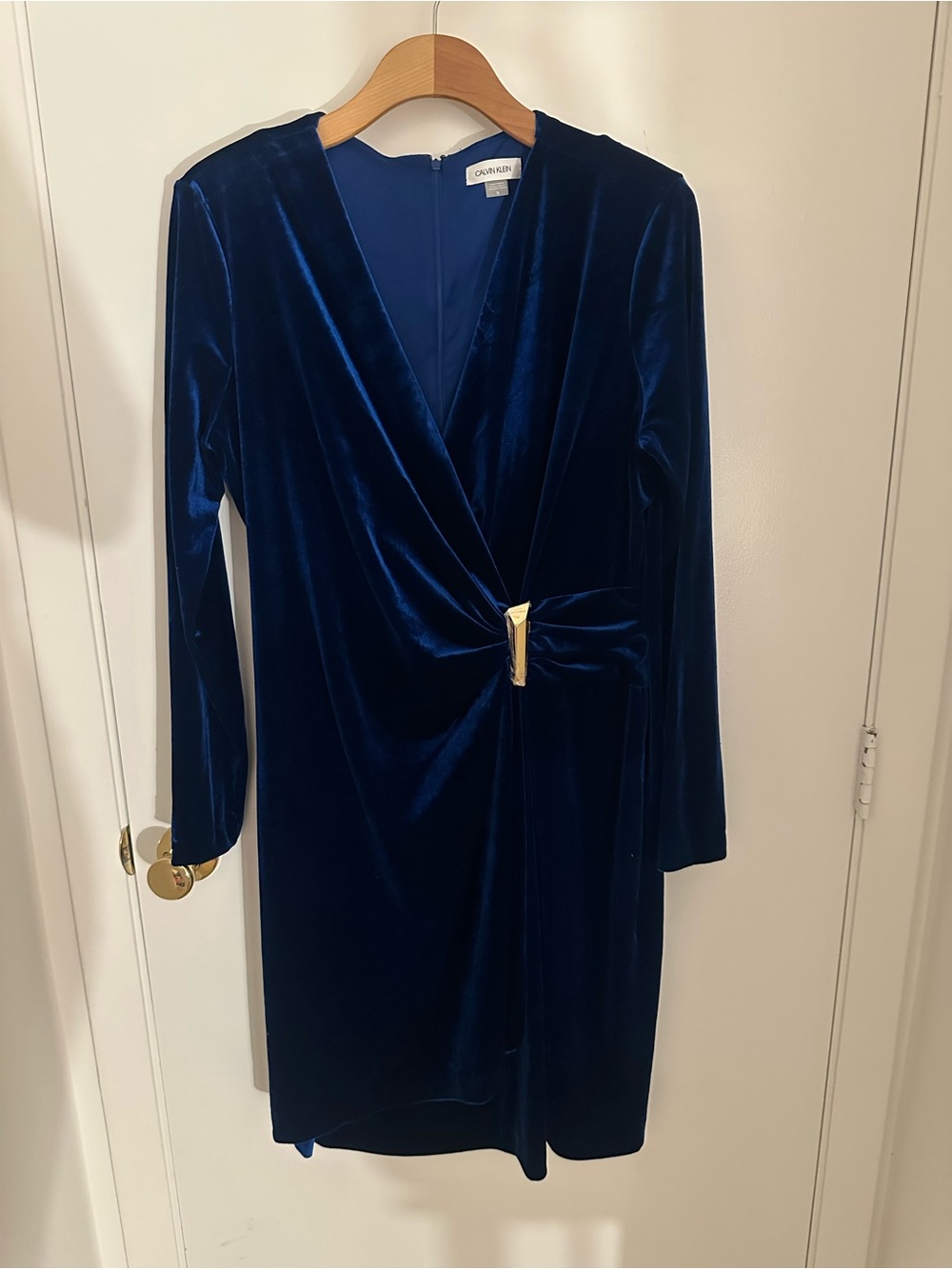 Calvin Klein Deep Blue Velvet Faux-Wrap Dress with Gold Buckle